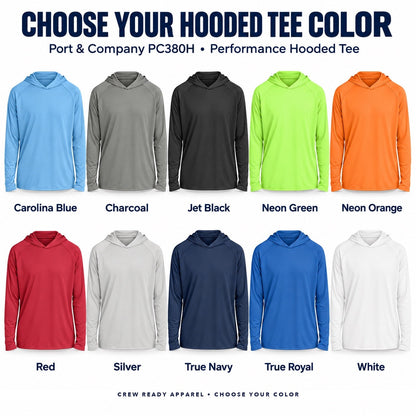 Port & Company PC380H performance hooded tee color guide showing all 10 colors, with each shirt and color name
