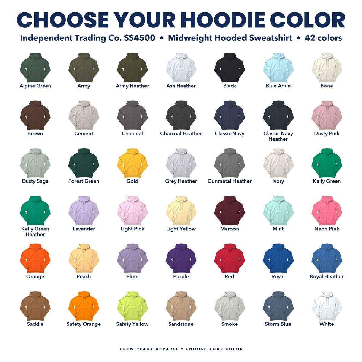 Independent Trading Co. SS4500 hoodie color guide showing all 42 colors