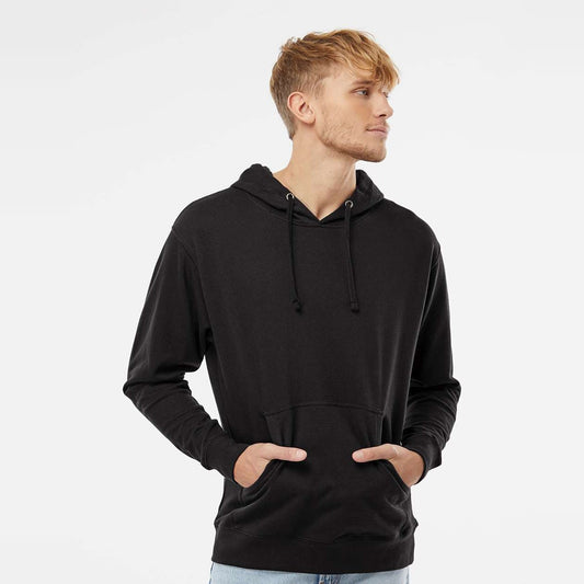 Man wearing a black Independent Trading Co. SS4500 midweight pullover hoodie, front view