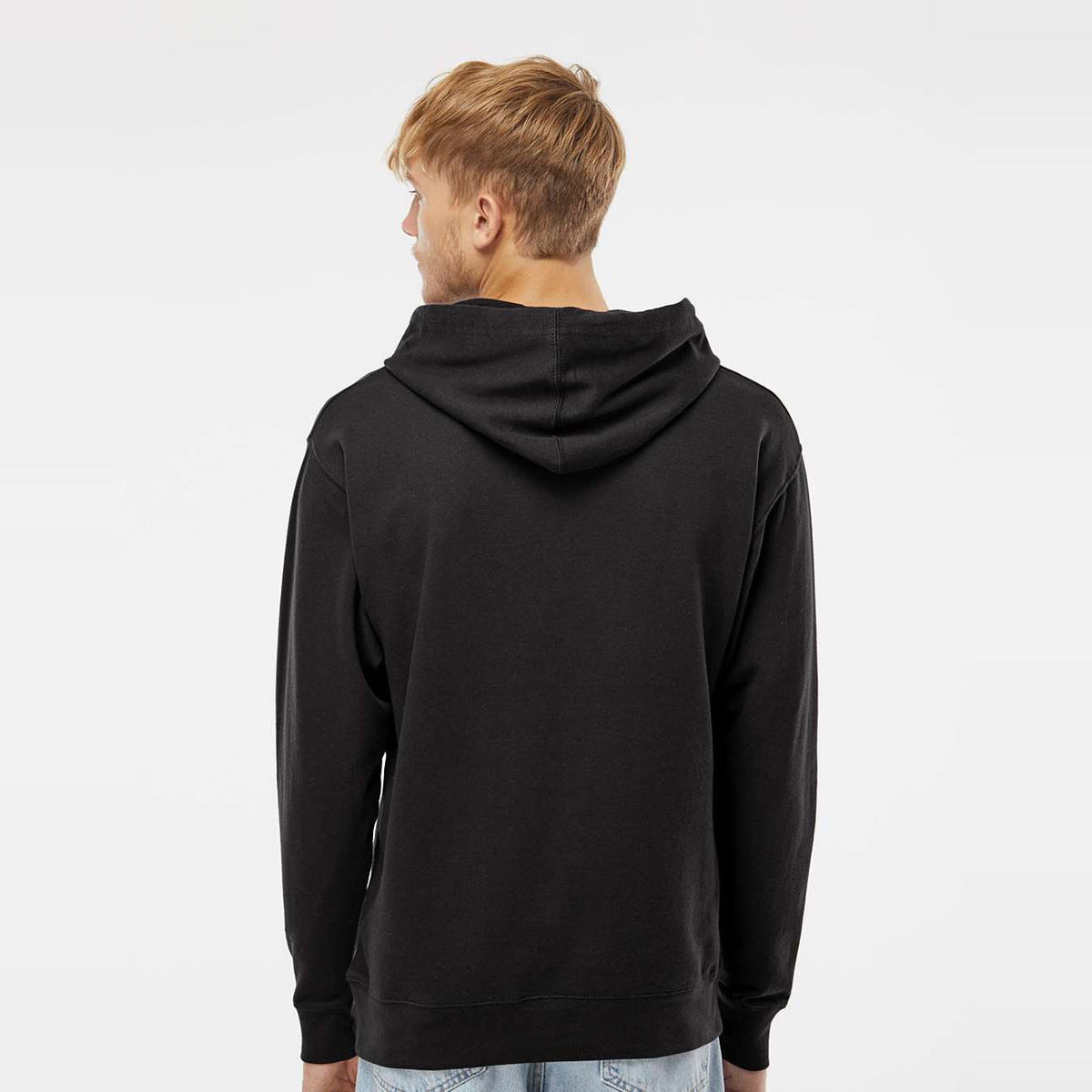 Man wearing a black Independent Trading Co. SS4500 midweight pullover hoodie, back view