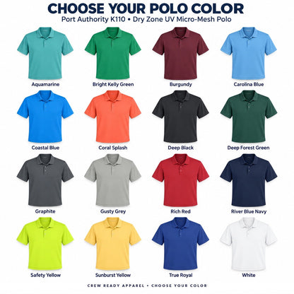 Port Authority K110 Dry Zone micro-mesh polo color guide showing all 16 colors, with each polo and color name