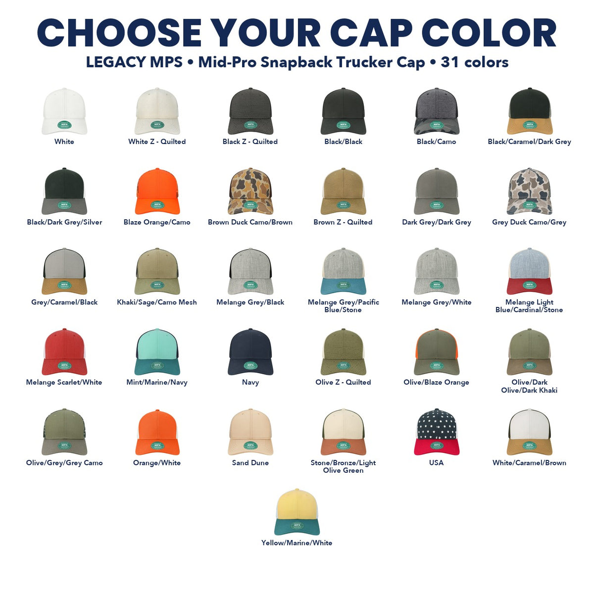 Legacy Mid-Pro Snapback Trucker Cap color chart