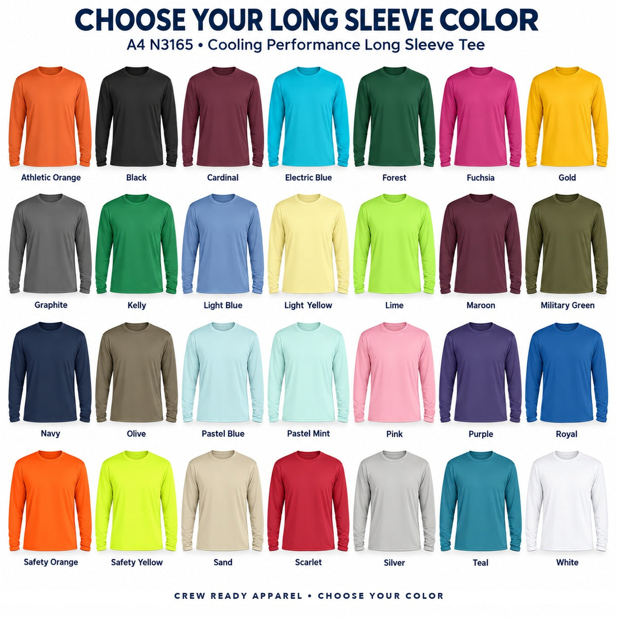 A4 N3165 cooling performance long sleeve tee color guide showing all 28 colors, with each shirt and color name