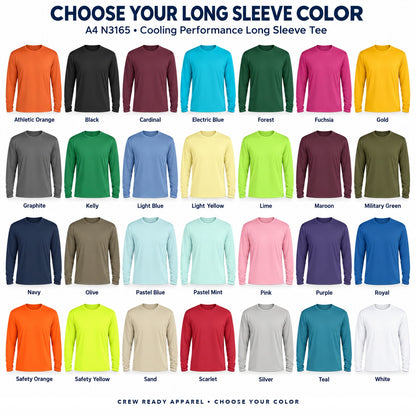 A4 N3165 cooling performance long sleeve tee color guide showing all 28 colors, with each shirt and color name