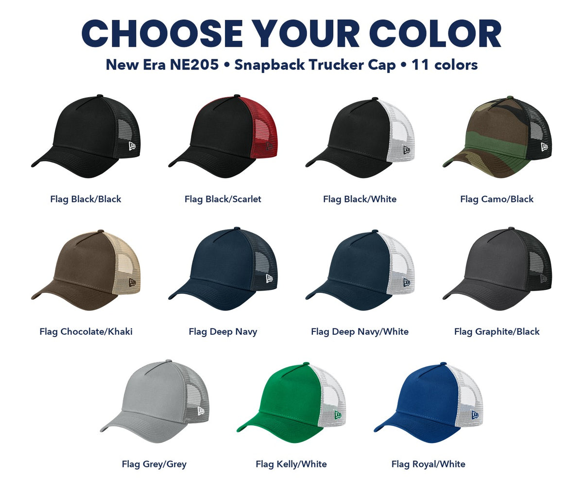 New Era NE205 snapback trucker cap color guide showing all 11 colors, with each cap and color name