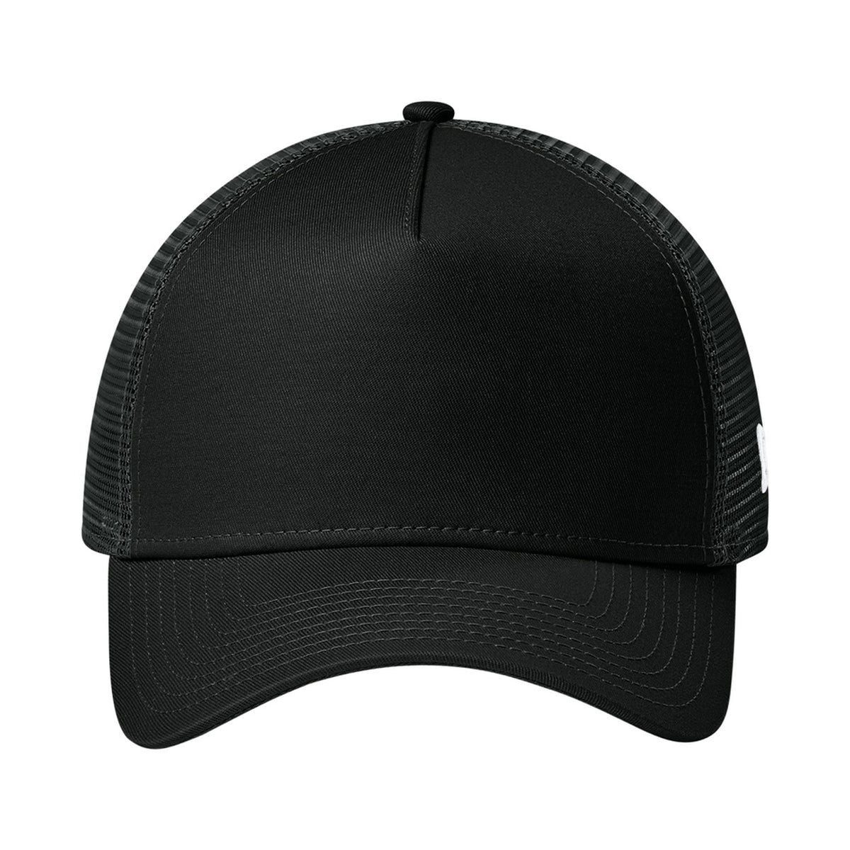 Blank black New Era NE205 snapback trucker cap with mesh back, front view