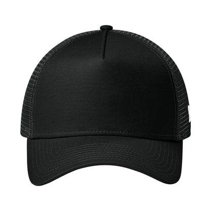 Blank black New Era NE205 snapback trucker cap with mesh back, front view