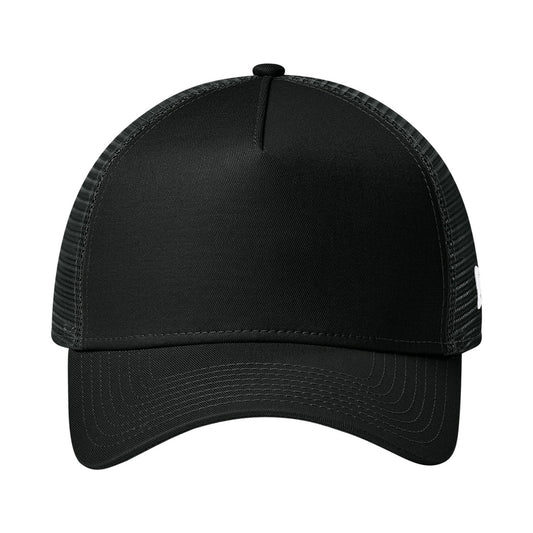 Blank black New Era NE205 snapback trucker cap with mesh back, front view