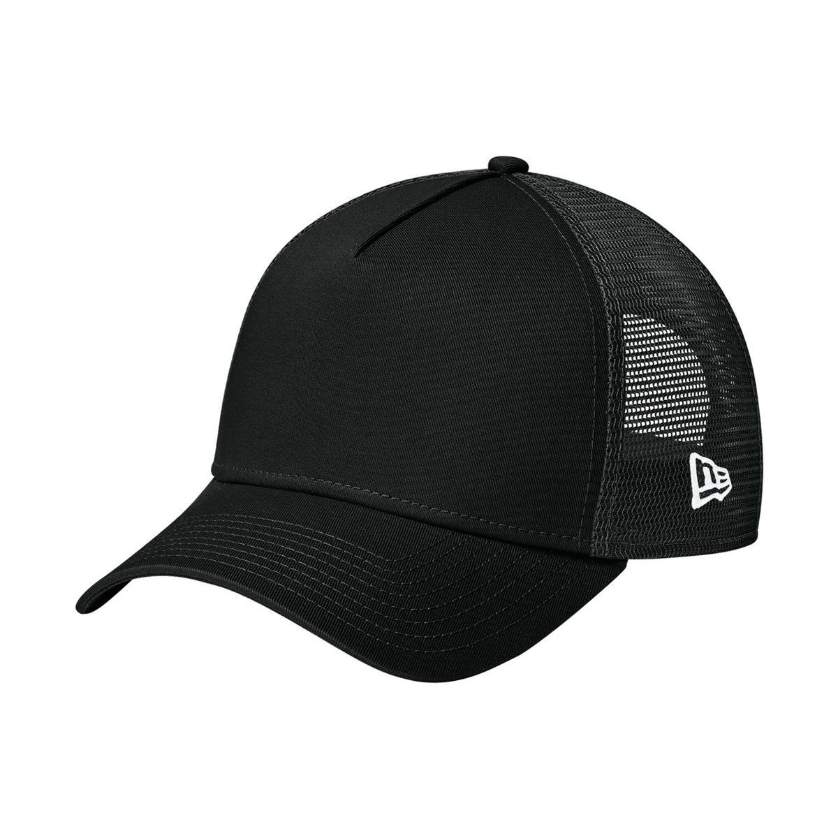 Blank black New Era NE205 snapback trucker cap, three-quarter side view showing the mesh back and the small New Era flag on the left side