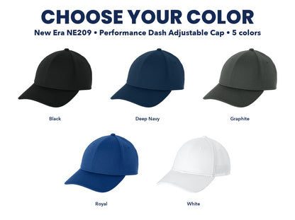 New Era NE209 Performance Dash adjustable cap color guide showing all 5 colors, with each cap and color name