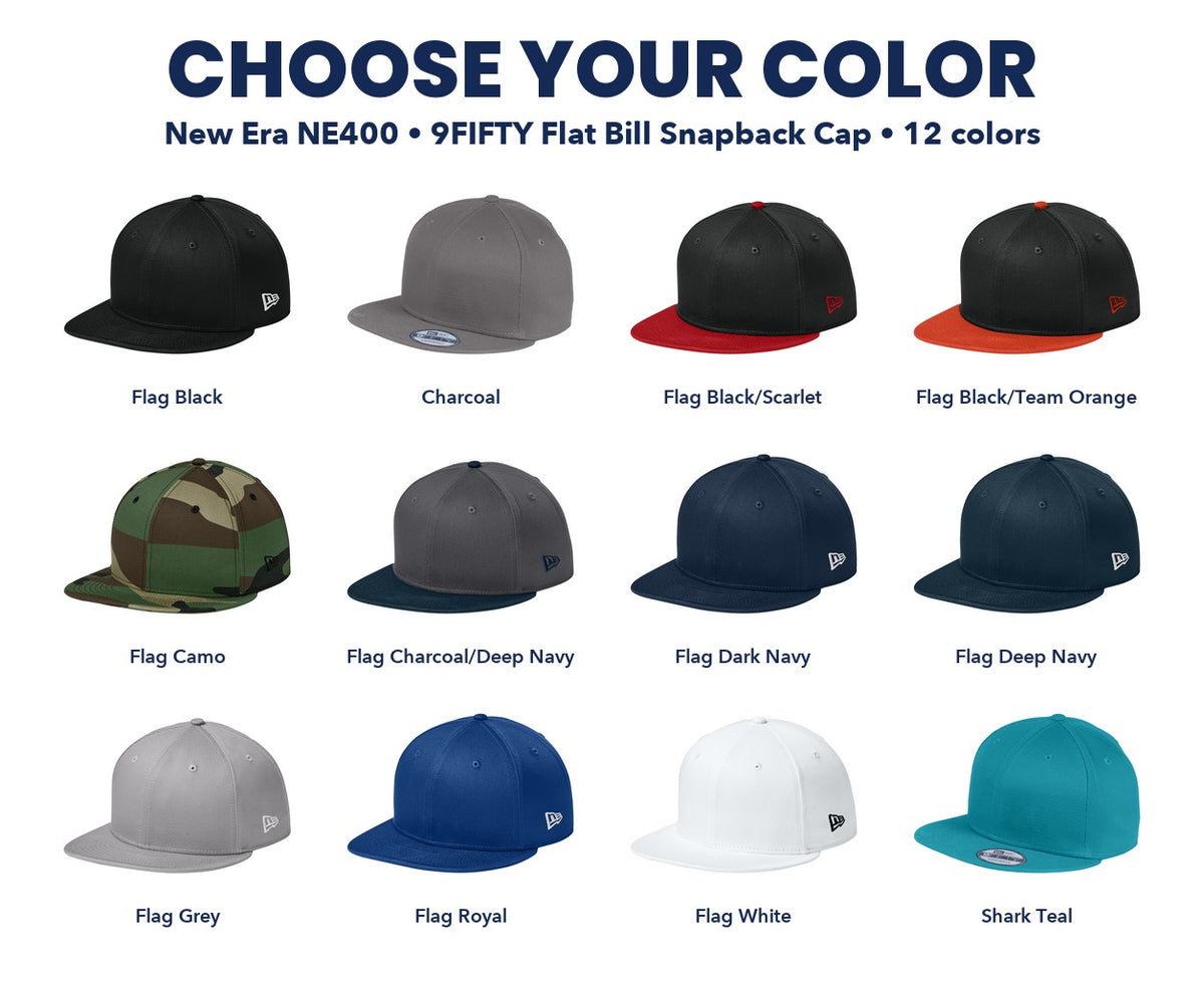 New Era NE400 9FIFTY flat bill snapback color guide showing all 12 colors, with each cap and color name