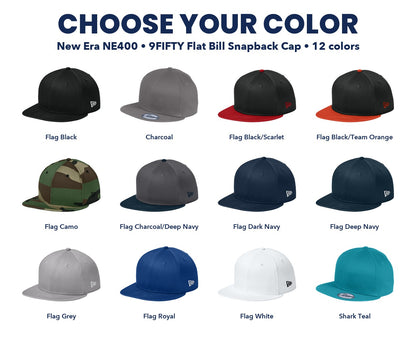 New Era NE400 9FIFTY flat bill snapback color guide showing all 12 colors, with each cap and color name