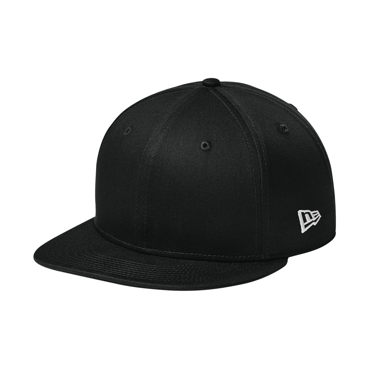 Blank black New Era NE400 9FIFTY flat bill snapback cap, three-quarter side view showing the flat bill and the small New Era flag on the left side
