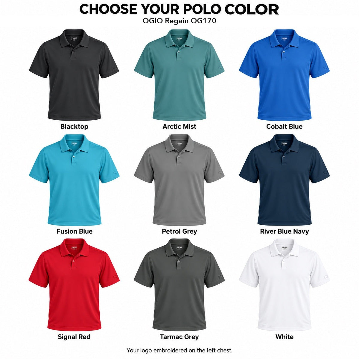 OGIO Regain OG170 polo color guide showing all 9 colors, with each polo and color name