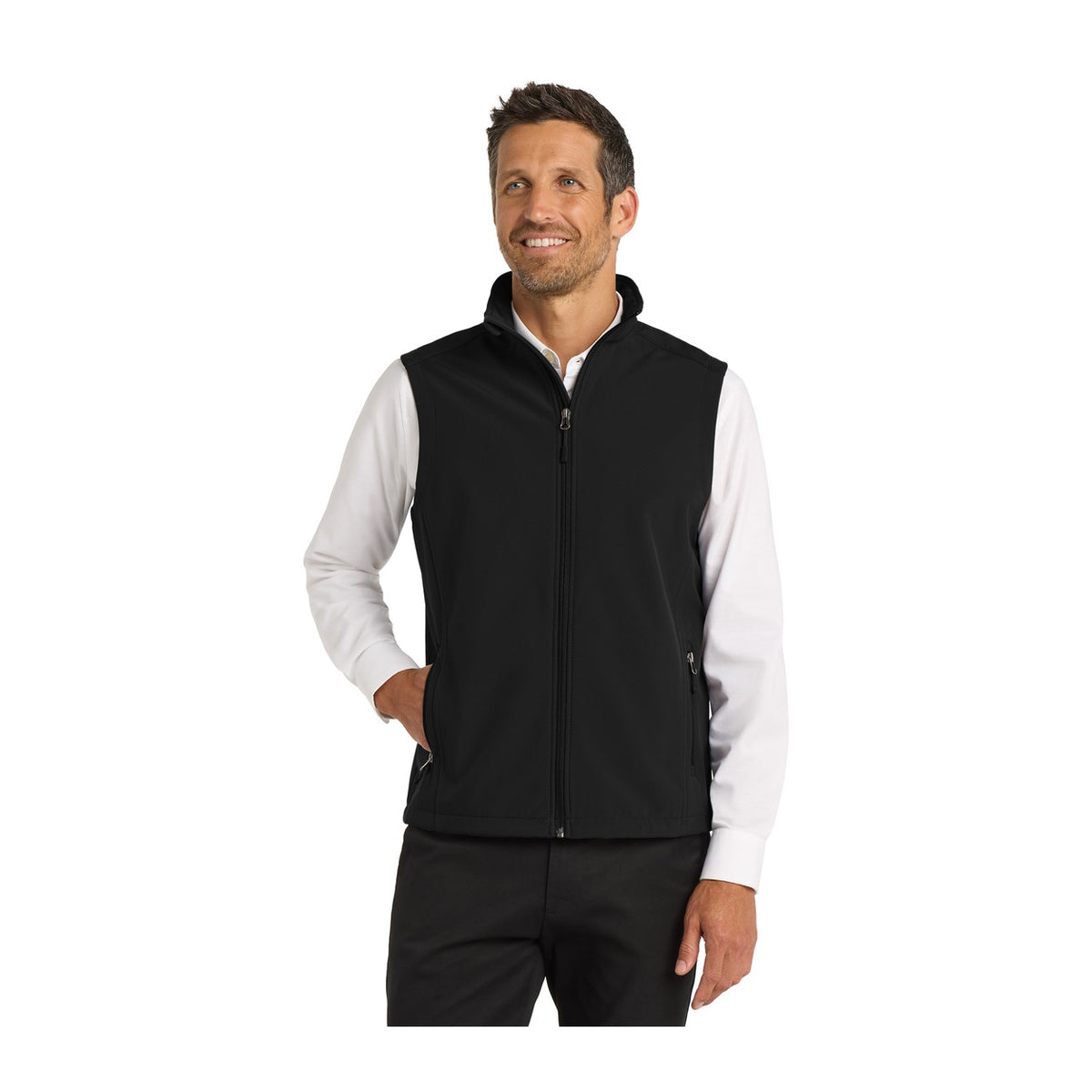 Port Authority J325 Core Soft Shell Vest in Black with an embroidered logo