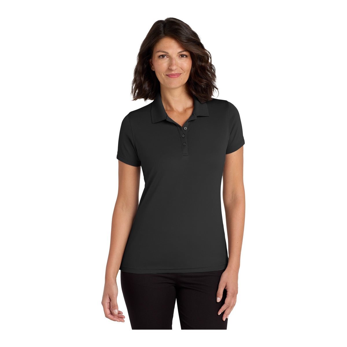 Woman wearing a black Port Authority LK110 Dry Zone micro-mesh polo, front view