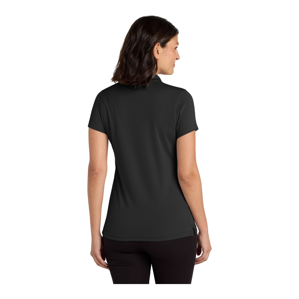 Back of a black Port Authority LK110 women's Dry Zone micro-mesh polo