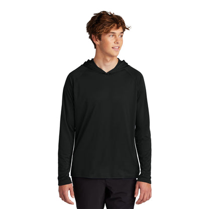 Man wearing a jet black Port & Company PC380H performance hooded tee, front view