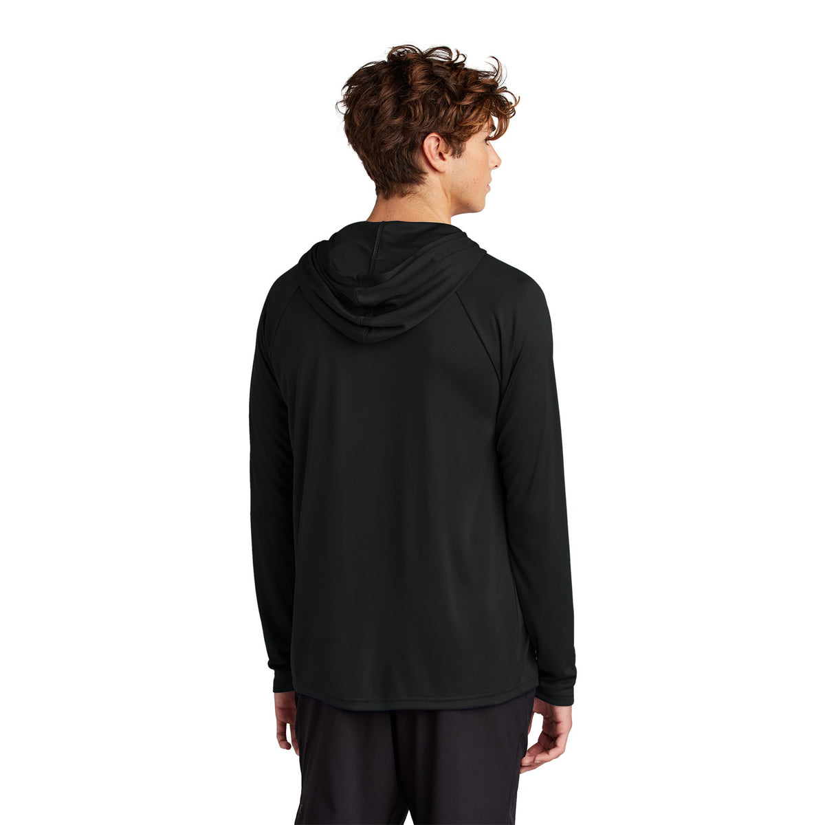 Man wearing a jet black Port & Company PC380H performance hooded tee, back view showing the hood