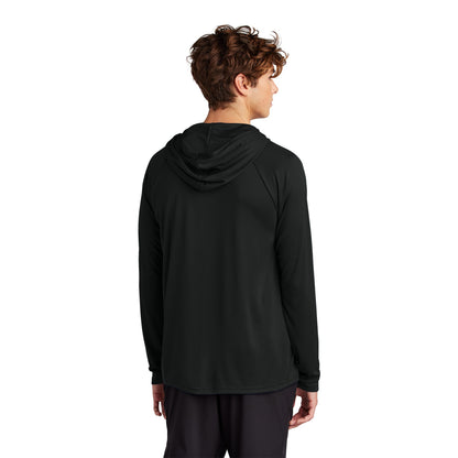 Man wearing a jet black Port & Company PC380H performance hooded tee, back view showing the hood