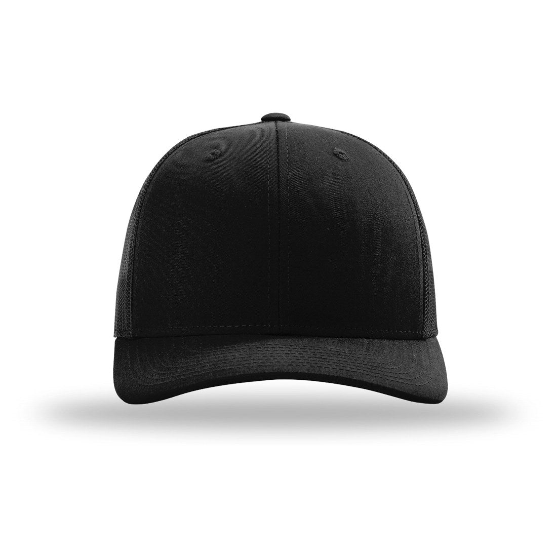 Blank black Richardson 112 trucker cap with mesh back, front view