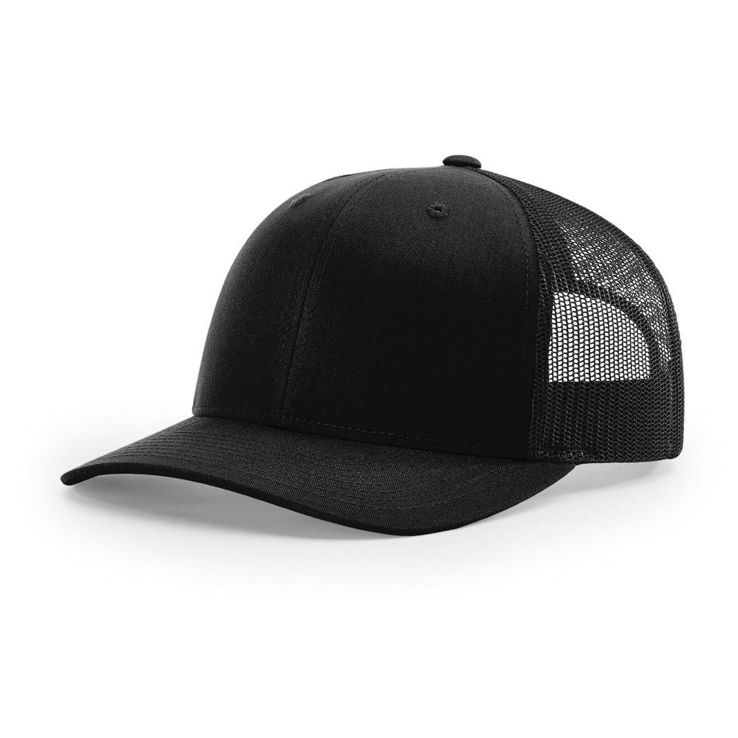 Blank black Richardson 112 trucker cap, three-quarter side view showing the mesh back panels