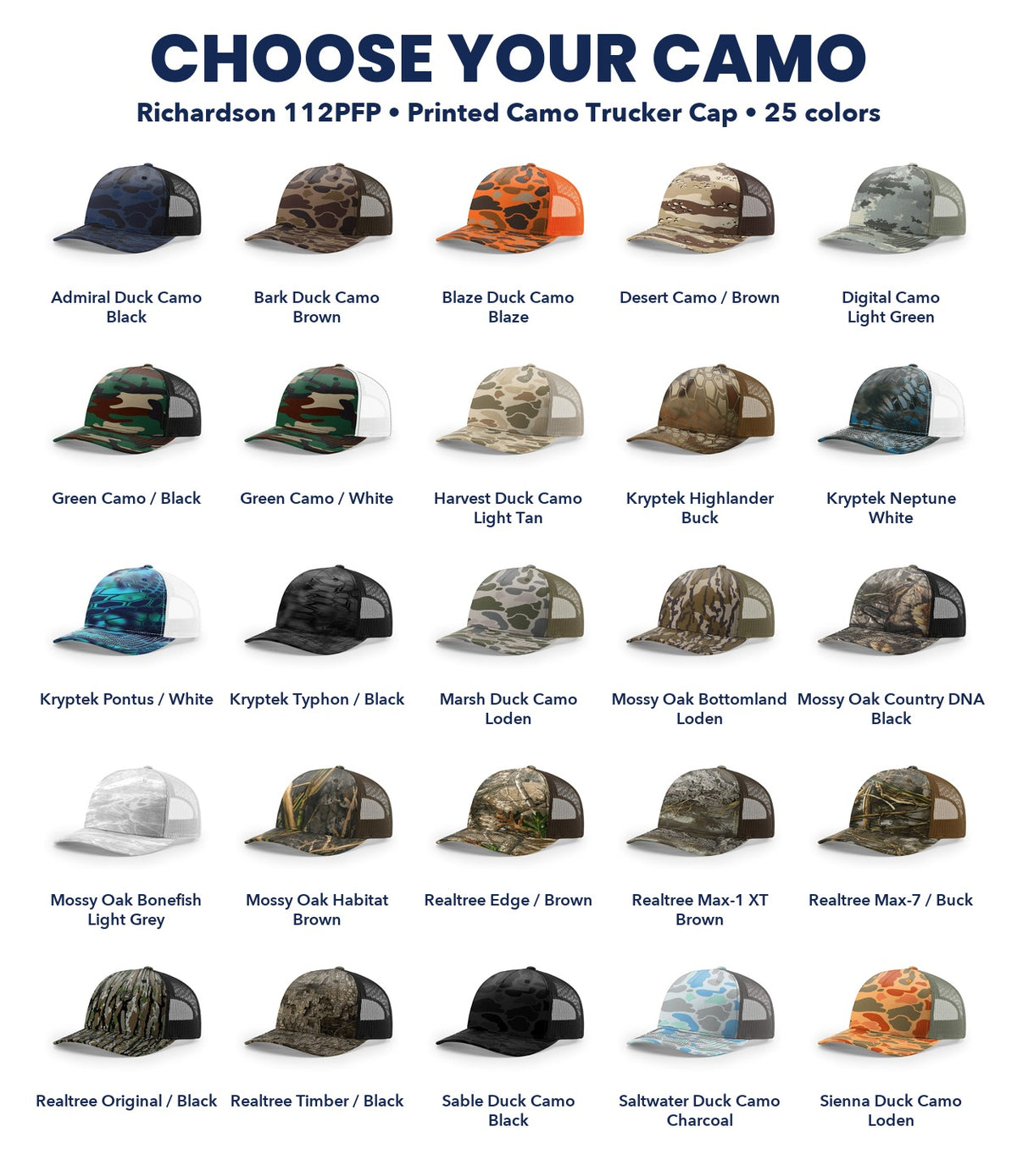 Richardson 112PFP camo trucker cap color chart, 25 patterns