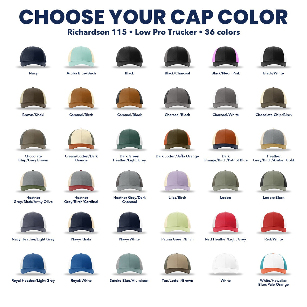 Richardson 115 Low Pro Trucker Cap color chart
