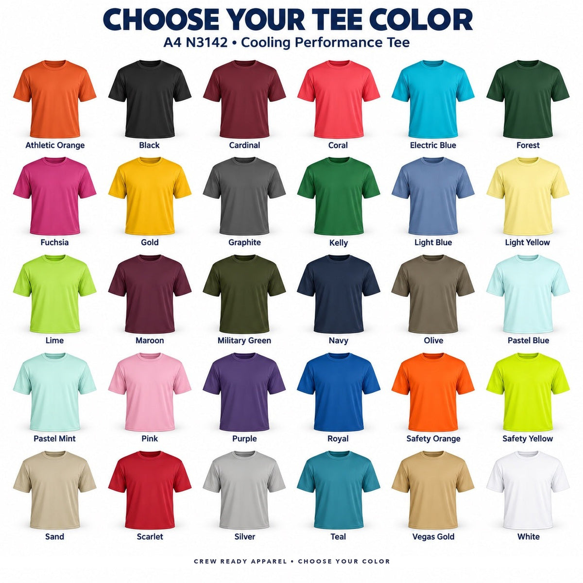A4 N3142 cooling performance tee color guide showing all 30 colors, with each shirt and color name