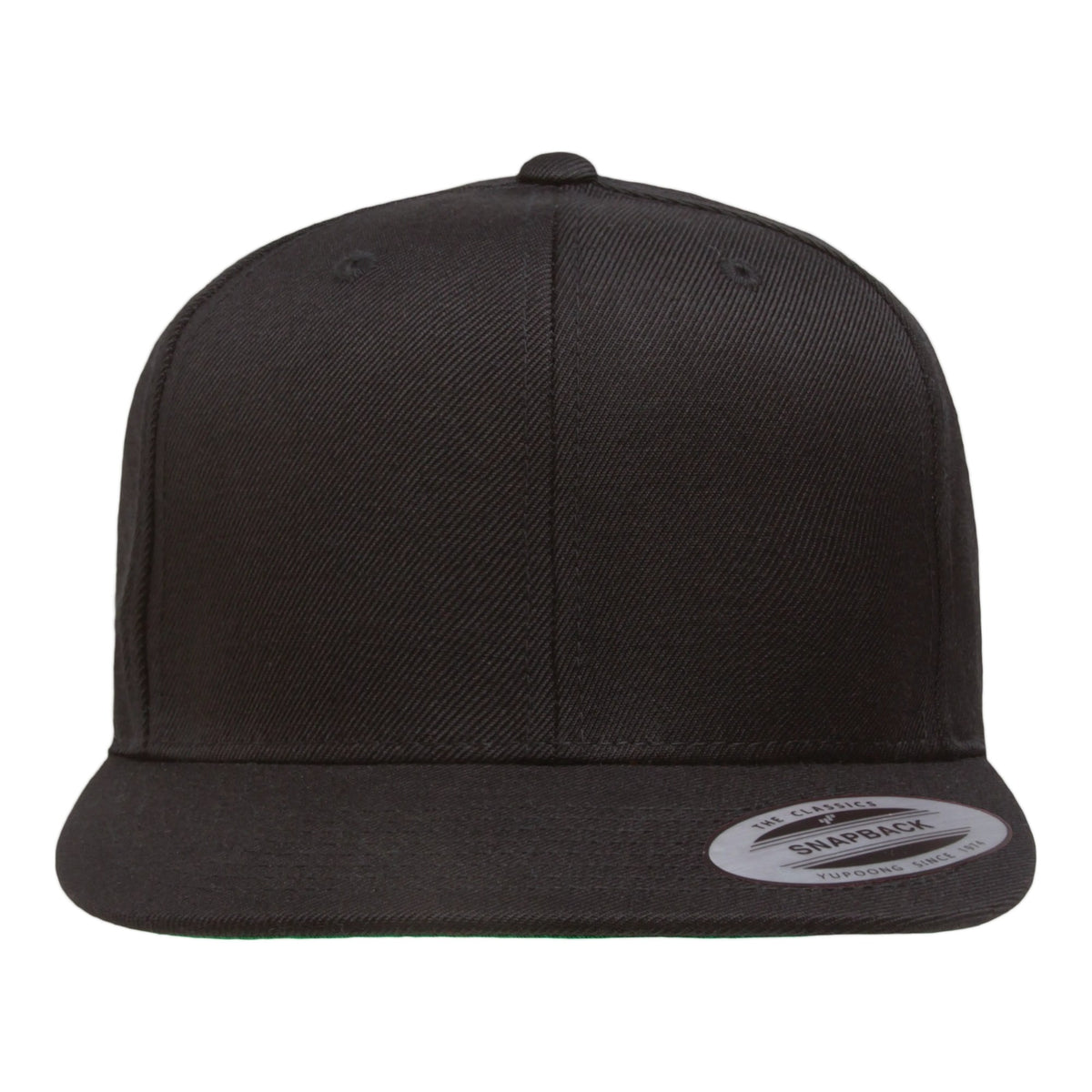 Black Yupoong YP Classics 6089M flat bill snapback cap, blank, straight-on front view