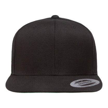 Black Yupoong YP Classics 6089M flat bill snapback cap, blank, straight-on front view