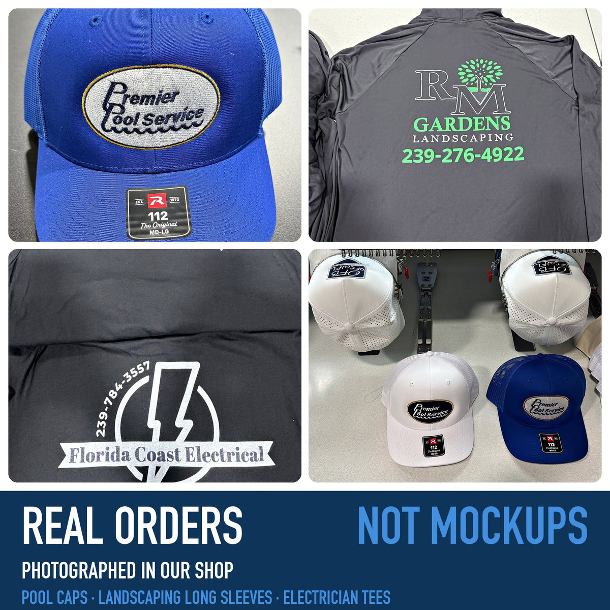 Real orders from our shop: pool service caps, landscaping long sleeves and electrician tees