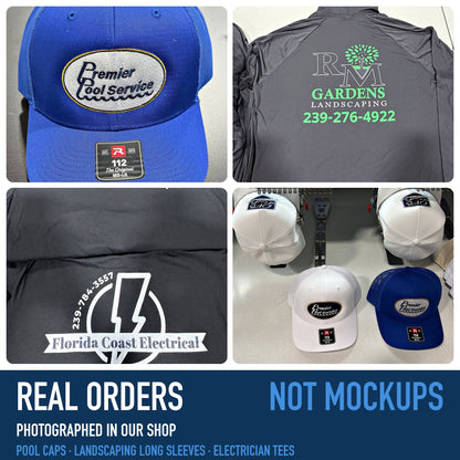 Real orders from our shop: pool service caps, landscaping long sleeves and electrician tees