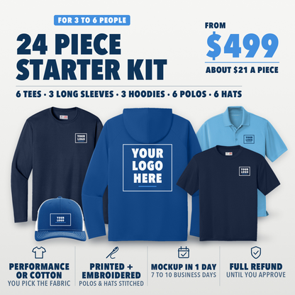 Starter Kit 24: 24 pieces for 3 to 6 people from $499, about $21 a piece. 6 tees, 3 long sleeves, 3 hoodies, 6 polos and 6 hats, printed and embroidered. Shown in navy, royal and light blue, with your logo here boxes on the left chest, a big back and the hat front.