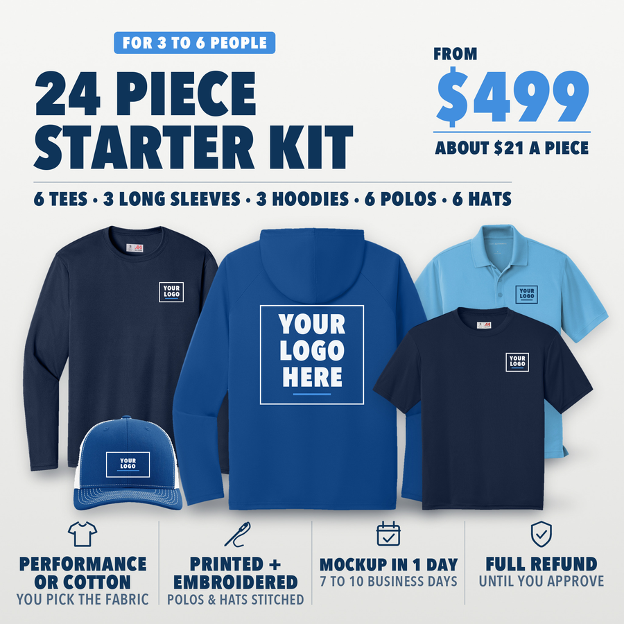 Starter Kit 24: 24 pieces for 3 to 6 people from $499, about $21 a piece. 6 tees, 3 long sleeves, 3 hoodies, 6 polos and 6 hats, printed and embroidered. Shown in navy, royal and light blue, with your logo here boxes on the left chest, a big back and the hat front.