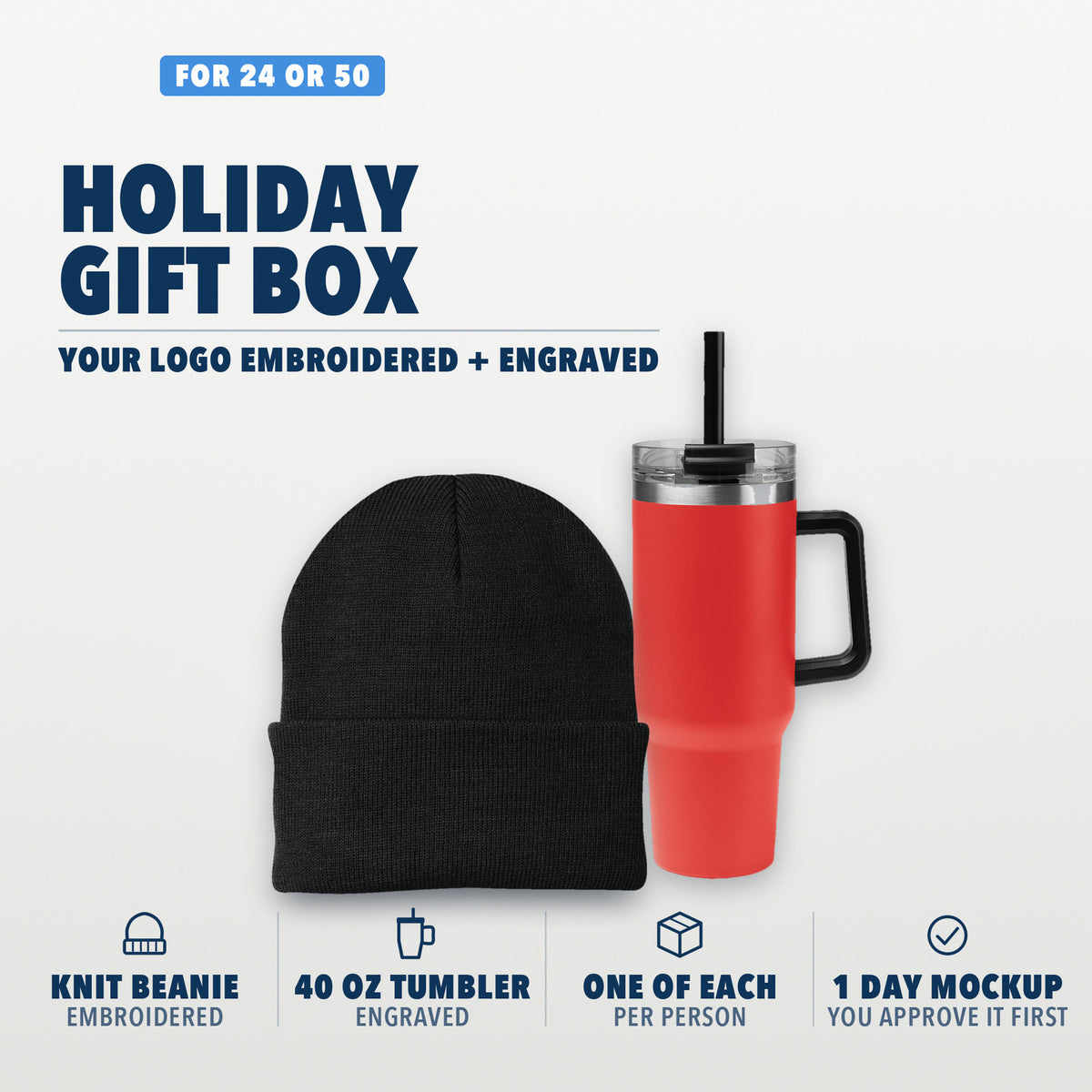 Holiday Gift Box: one embroidered knit beanie and one engraved 40 oz tumbler per person