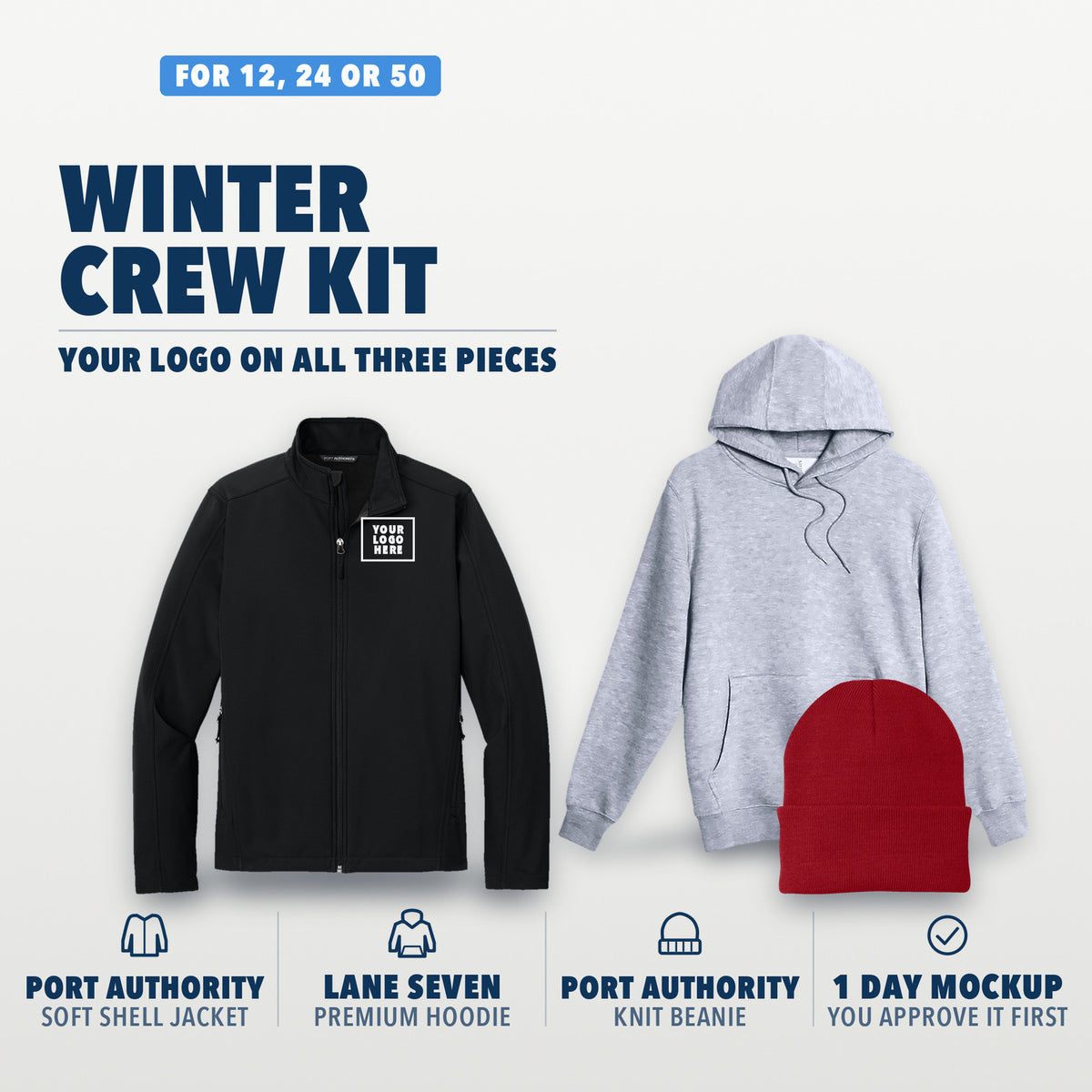 Winter Crew Kit: soft shell jacket, Lane Seven hoodie and knit beanie with your logo on all three pieces