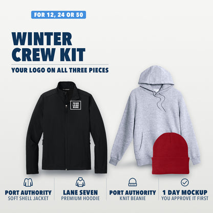 Winter Crew Kit: soft shell jacket, Lane Seven hoodie and knit beanie with your logo on all three pieces