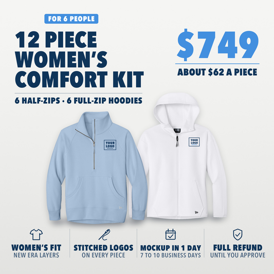 Women's Comfort Kit 12: 12 pieces for 6 people, $749, about $62 a piece. 6 New Era women's fleece half-zips and 6 New Era women's full-zip hoodies, your logo embroidered on the left chest of every piece. Shown in Cloud Blue and white, with your logo here boxes on the left chest.