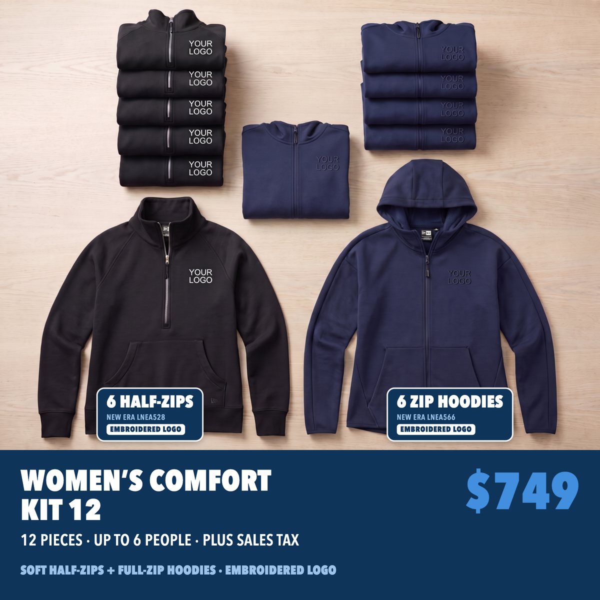 Women's Comfort Kit 12: six black New Era half-zips and six navy New Era full-zip hoodies, with illustrative logo embroidery. $749.