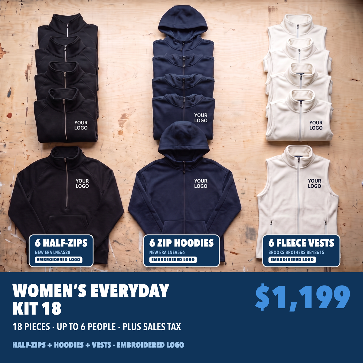 Women's Everyday Kit 18 illustrative flat-lay, with labels for six New Era half-zips, six New Era full-zip hoodies and six Brooks Brothers fleece vests. $1,199.