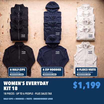 Women's Everyday Kit 18 illustrative flat-lay, with labels for six New Era half-zips, six New Era full-zip hoodies and six Brooks Brothers fleece vests. $1,199.
