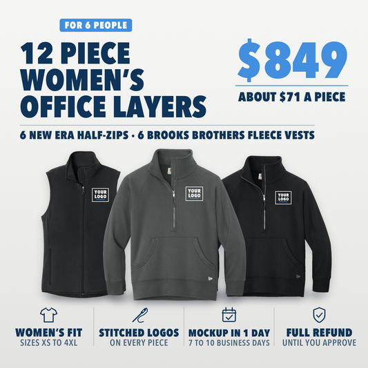 Women's Office Layers Kit 12: 12 pieces for 6 people, $849, about $71 a piece. 6 New Era women's fleece half-zips and 6 Brooks Brothers women's fleece vests, your logo embroidered on the left chest of every piece. Shown in graphite and black half-zips and a deep black vest, with your logo here boxes on the left chest.