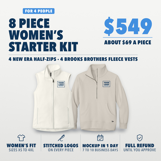 Women's Starter Kit 8: 8 pieces for 4 people, $549, about $69 a piece. 4 New Era women's fleece half-zips and 4 Brooks Brothers women's fleece vests, your logo embroidered on the left chest of every piece. Shown in soft beige and off white, with your logo here boxes on the left chest.